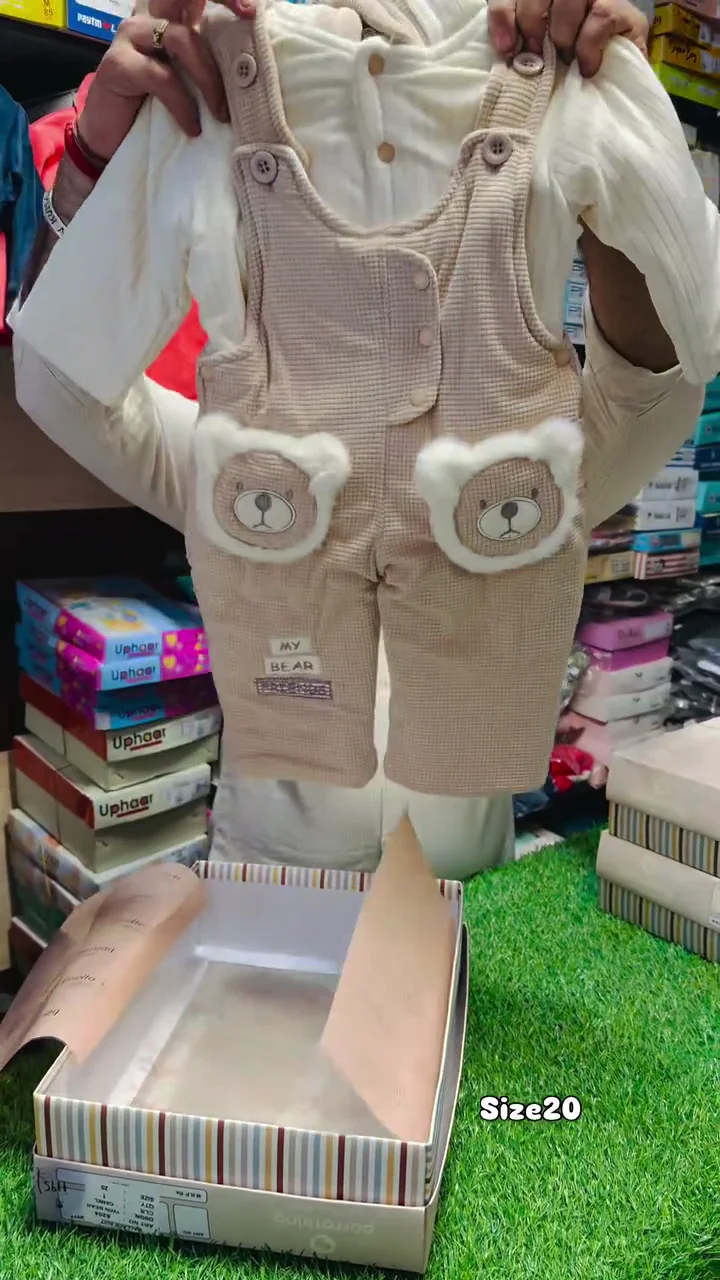 Baby Boy Winter Dungaree Set Teddy Pocket Design Soft Full Sleeve Top with Padded Overalls Cozy Infant Wear